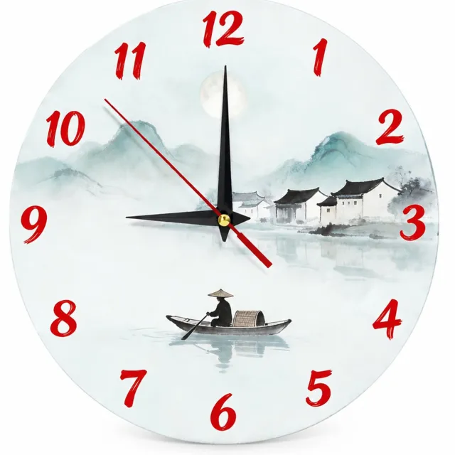 SWGOTA Ronde houten wandklok 30 cm met Chinees inktlandschap en vissersboot - Rode cijfers Wit