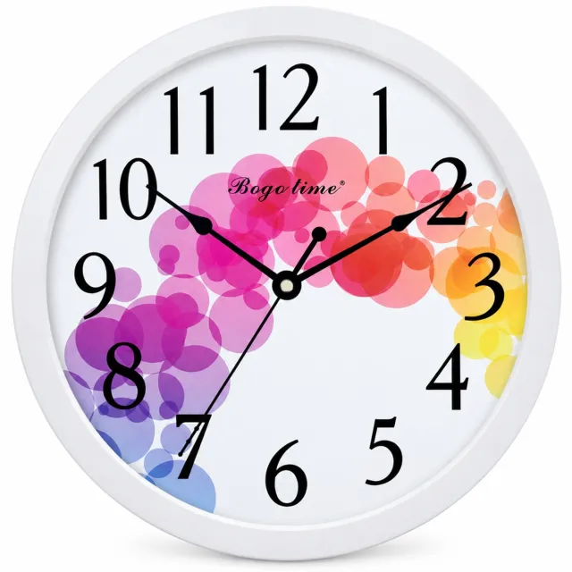 SWGOTA Stille ronde wandklok 29,8 cm met wit frame en kleurrijk bellenmotief, analoge wijzerplaat met grote cijfers
