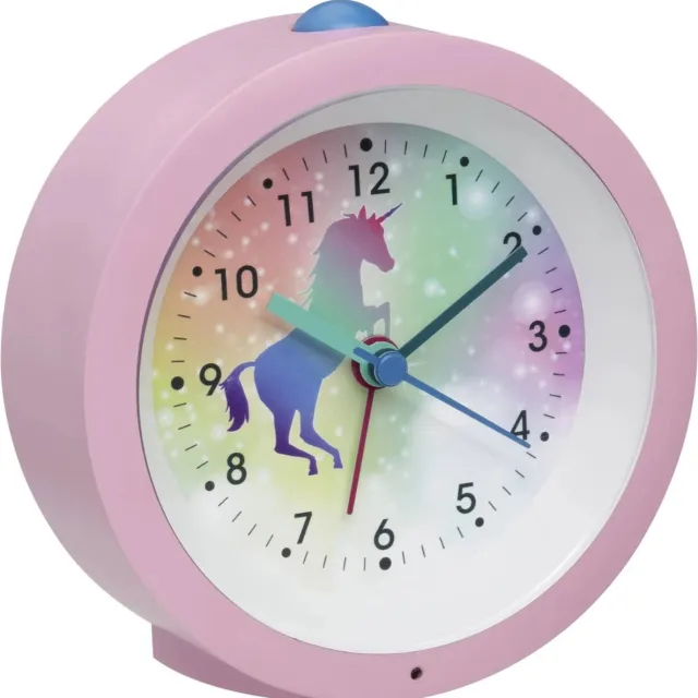 TFA Dostmann 60.1033.12 - Kinderwekker - Wekker - Kinderen - "EINHORN" - Eenhoorn - Analoog - Rustig Loopwerk - Sluipende secondwijzer - Snooze - Zachte permanente nachtverlichting - Schermverlichting - Kunststof - Roze - Multikleur