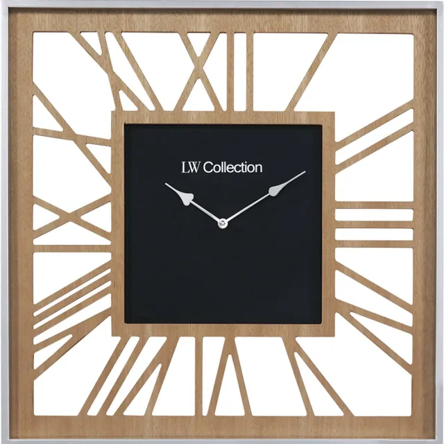 LW collection XL Houten wandklok 80cm - Grote vierkante landelijke houten muurklok romeinse cijfers - Moderne houten klok - Wandklok hout stil uurwerk Bruin