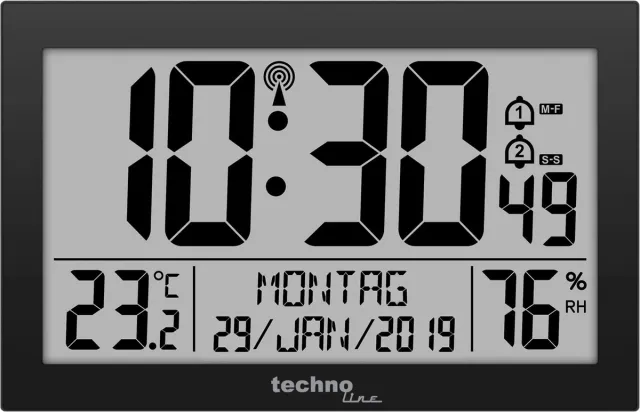 Technoline 8016 radiogestuurde wandklok met temperatuurweergave, kunststof, zwart, 225 x 143 x 24 mm, WS8016SCHWARZ, 225 x 24 x 143 mm