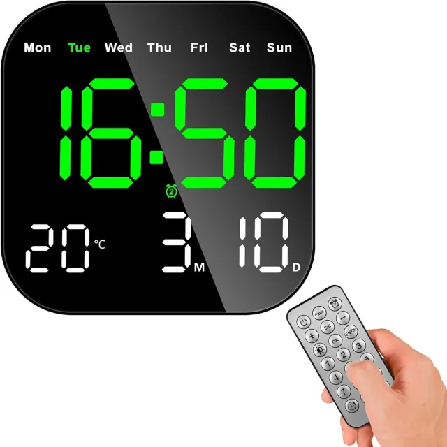 Bobypet Digitale wekker - Grote digitale klok - Met dubbel alarm, instelbare helderheid, timerfunctie - Datum dag van de week, temperatuur - LED wandklok - voor thuis en op kantoor - Groen