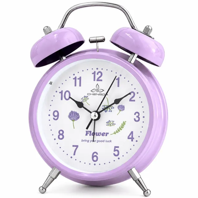 SWGOTA Paarse metalen tafelwekker, 3 inch, met dubbele bel, luid alarm, stil uurwerk en nachtlicht, analoge wijzerplaat met bloemmotief
