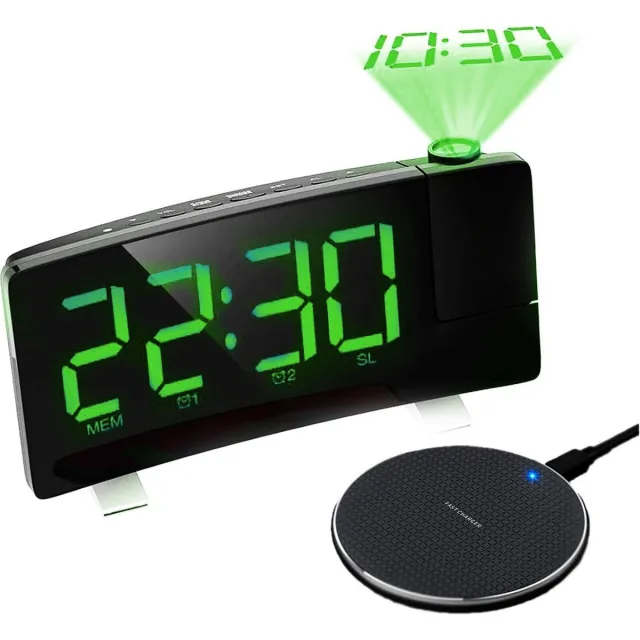 Slinks Eska Wekkerradio met projectie - draadloze oplader – Projectiewekker - USB - Groen - wireless charger