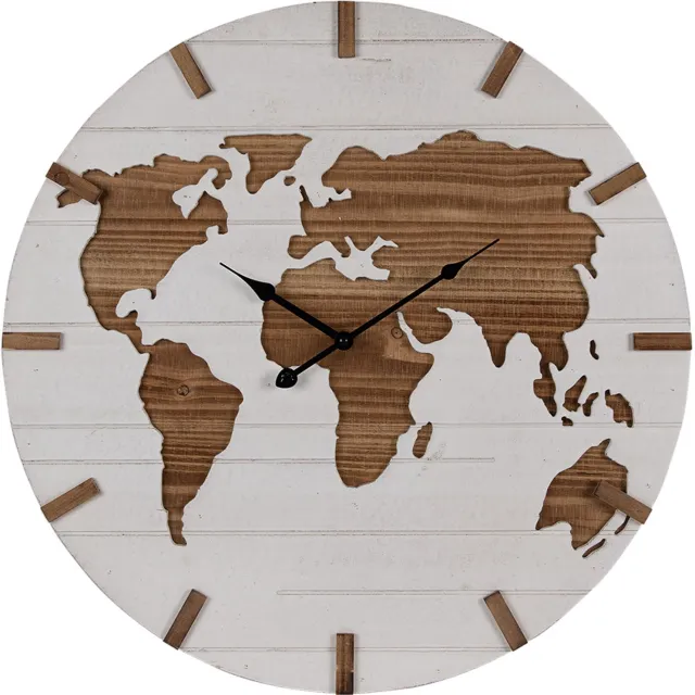 Clayre & Eef Wandklok Ø 60 cm Wit Bruin MDF Wereldkaart