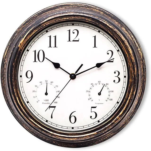 Famanu Tuinklok met thermometer en hygrometer, weerbestendig, 30 cm, retro wandklok voor binnen en buiten, ideaal voor badkamer, tuin en keuken Zwart