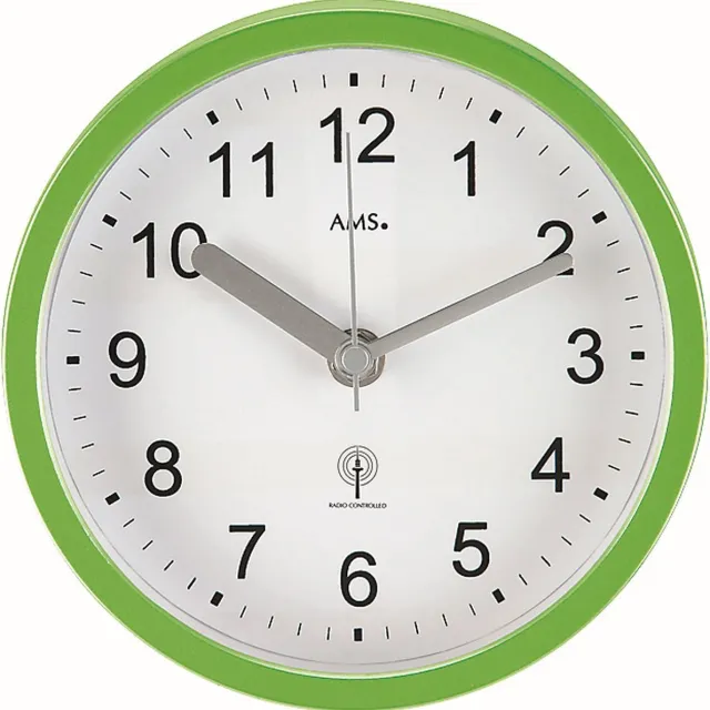 AMS F5922 - Wandklok - Analoog - Radiogestuurde tijdsaanduiding - Waterdicht - Kunststof - Aluminium - Mineraal Glas - Cijfers - Groen - Wit - Zwart - Zilverkleurig