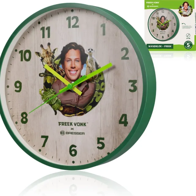 Bresser Freek Vonk x BRESSER - Wandklok voor Kinderen - Met foto van Freek Vonk - Stil Uurwerk - Diameter 25cm Groen