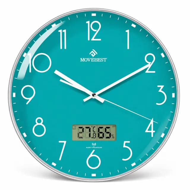 SWGOTA Stille quartz wandklok 12 inch met groene wijzerplaat en LCD voor temperatuur en luchtvochtigheid - rond, enkelzijdig, 1 stuk
