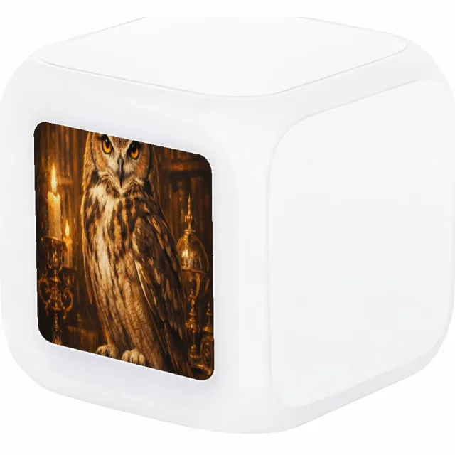 Mr Cadeautjes Digitale wekker - design Een chique uil in een bibliotheek vol gouden licht en oude b | cadeau Wit