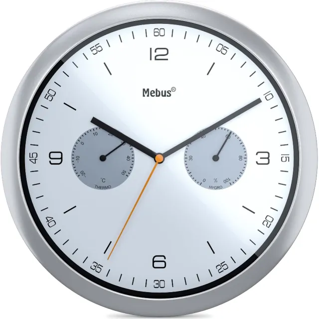 Mebus quartz wandklok met thermometer en hygrometer / Kunststof / Rond / Model: 16102 / Kleur: Zilver, 26 cm diameter