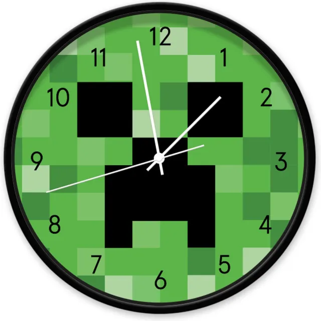 Dutch Sprinkles Wandklok - Creeper pixelart - 30 centimeter - zwart frame witte wijzers - Dutch Sprinkles - kinderklok - groen - game klok - geluidloos klok