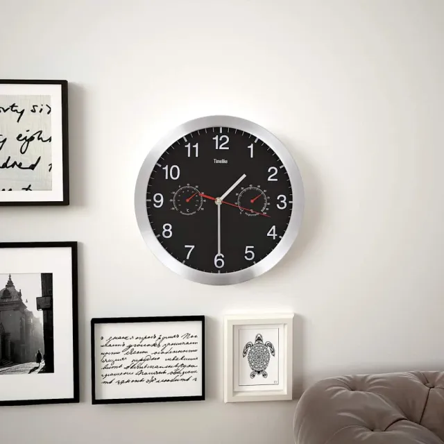 vidaXL Wandklok met quartz-mechanisme hygrometer thermometer 30 cm zwart, foto 2