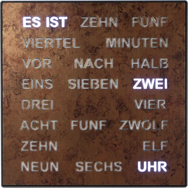 Intertime Woordklok | Wandklok | Tafelklok | 28x28 | Epoxy brons | Duits