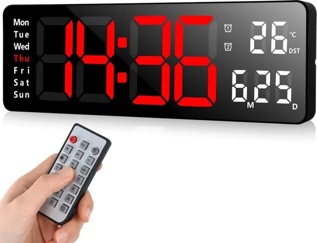 Fuloon Digitale Wandklok, LED Wandklok met 13-inch Groot Display, Digitale Wekker met Afstandsbediening, Tijdsaanduiding en Aftelling, Digitale Tafelklok met Datum, Week, Temperatuur voor Slaapkamer, Woonkamer Zwart