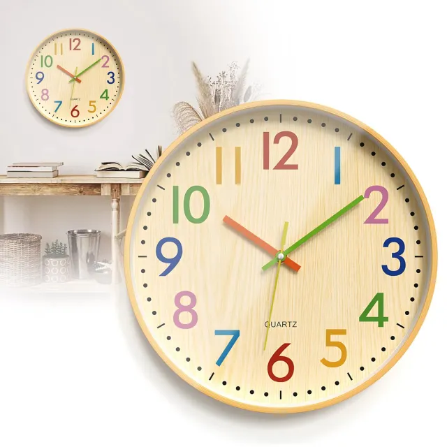 Bomiclss Stille kinderwandklok, geen tikkend geluid, op batterijen, kleurrijke decoratieve klok, geschikt voor kinderkamer/slaapkamer Meerdere kleuren