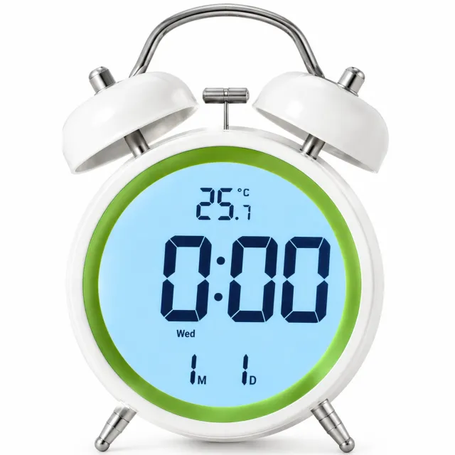 SWGOTA Groene digitale wekker op batterijen met dubbele bel, temperatuur- en datumweergave, voor het nachtkastje