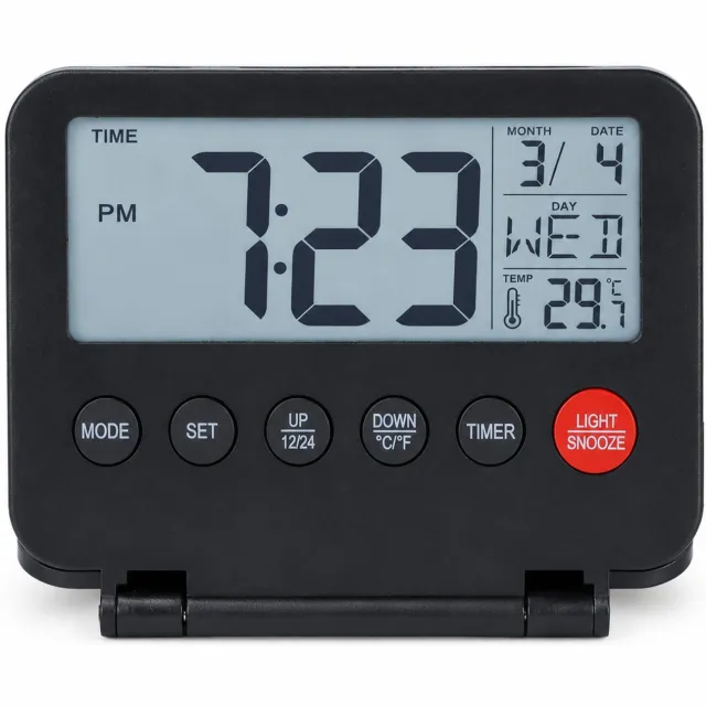 SWGOTA Zwarte opvouwbare digitale bureauwekker met LCD, datum- en temperatuurweergave, achtergrondverlichting en sluimerfunctie, 10 x 8 cm