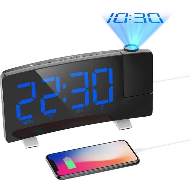 Slinks Eska Wekkerradio + draadloze oplader - digitale klok – Projectiewekker - USB - Blauw - Projectieklok