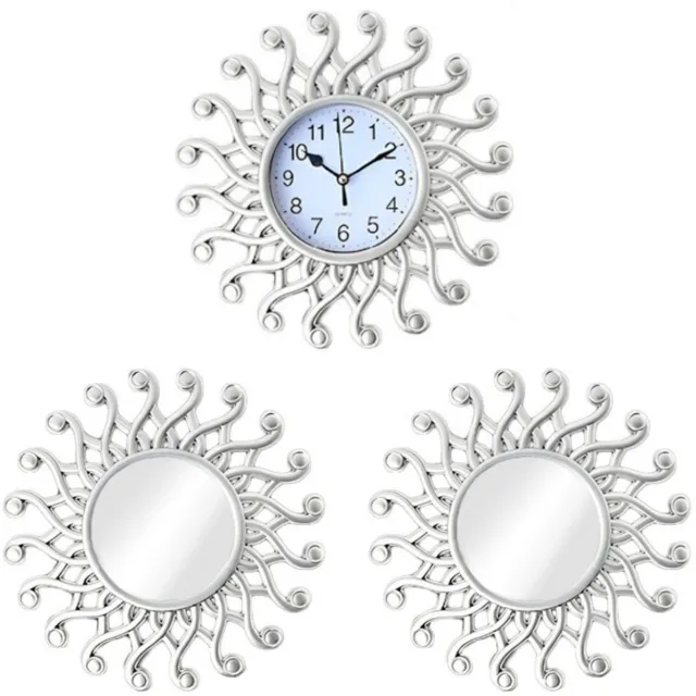 longziming Wandklok Set met Spiegels - Klok & Spiegel Set - Wanddecoratie - Stil Quartz Uurwerk - Boho Design - Kunststof - Decoratief & Ruimteverruimend effect - 3 stuks Zilver