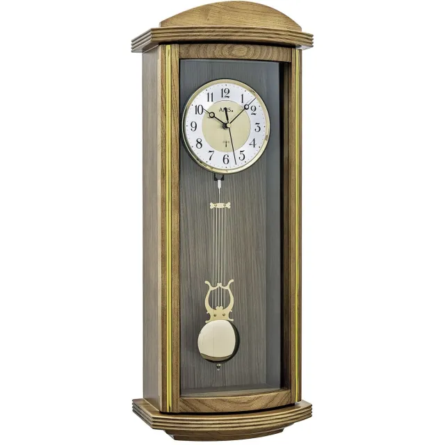 AMS Wandklok AMS Radiogestuurd - 5015/4 • Eiken gelakt houten klok • met gouden harp-slinger en met Westminster slag op battarij 66cm lang x 26 breed bruin