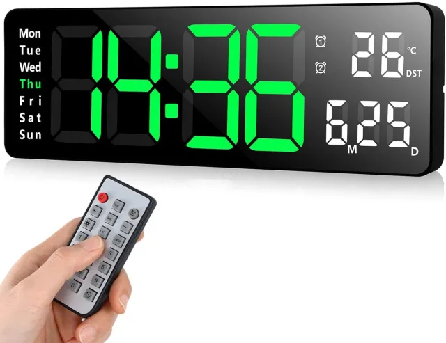 DESMIU Digitale Klok Met Led Display En Timer 32 X 10,5 X 3 Cm Kunststof Groen Voor Tijd Datum Dag En Temperatuur In Huis En Werkruimte