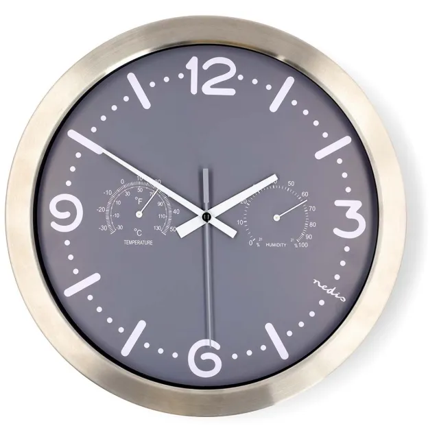 Nedis Wandklok - Diameter 30 cm - Stil Uurwerk - Thermometer - Hygrometer - Grijs Metaal - CLWA5226SS