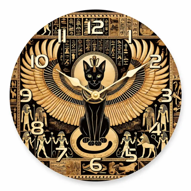 SWGOTA Stille MDF-kwartswandklok 12 inch (29.7cm) - Egyptische kattengod - Rond met witte cijfers en wijzers Zwart