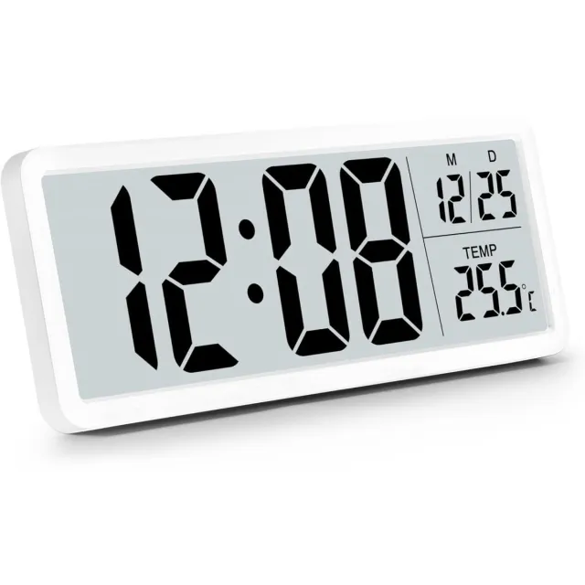GelldG Digitale Wandklok - Tafelklok met Grote Cijfers - Temperatuur & Datum Weergave 12/24u - Stil Mechanisme - Geschikt voor Woonkamer Slaapkamer Kantoor - ABS Materiaal - 20x1.5x8cm - USB of Batterij Aangedreven - 2 Opknoping Gaten en Standaard Wit