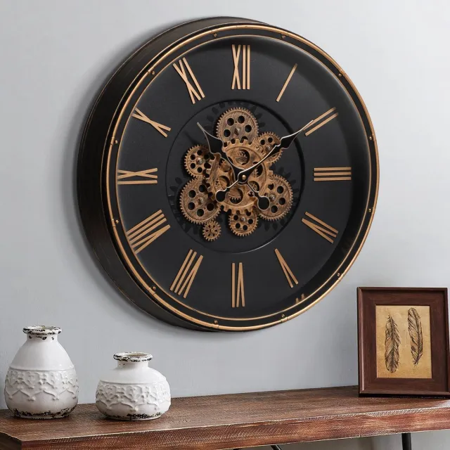 Mee 2ou Grote wandklok met bewegende tandwielen, 20 inch / 50 cm retro wandklok voor woonkamerdecoratie, industriële steampunk decoratieve wandklok vintage brons goud retro wandklok voor boerderijappartement Zwart