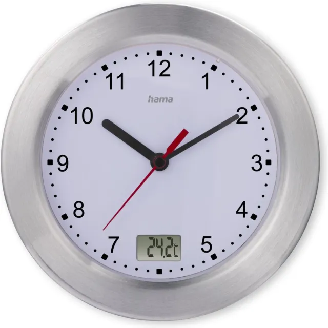 Hama badkamerklok- Mauritius- Wandklok - Thermometer- Aluminium zilver