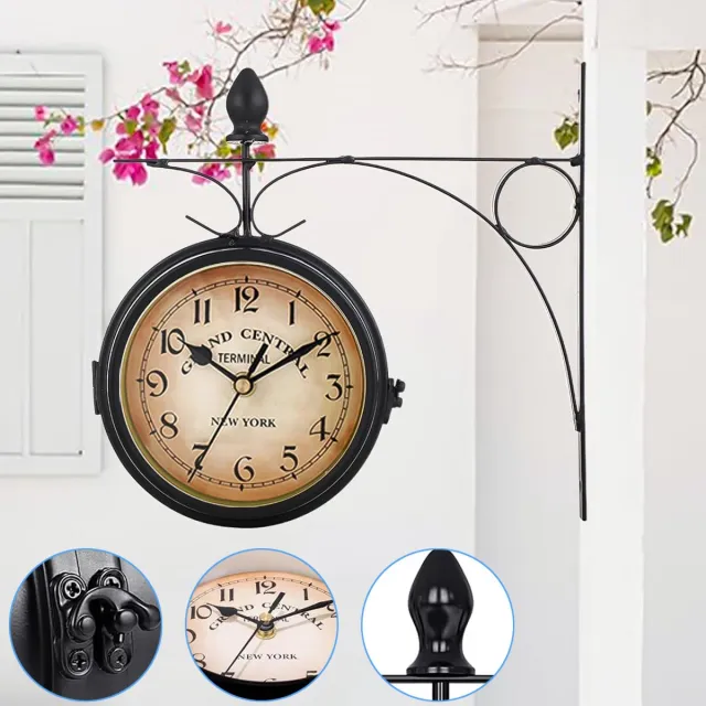 NCRealher Tuinklokken - Wandklokken Voor Treinstations - Tweezijdige Vintage Wandklok - Metalen Smeedijzeren Retro Tuinklok Zwart