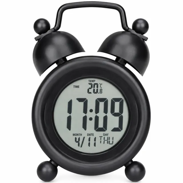 SWGOTA wekker - digitaal LCD-scherm met tijd, datum en temperatuur - op batterijen - zwart rond model met dubbele belvorm