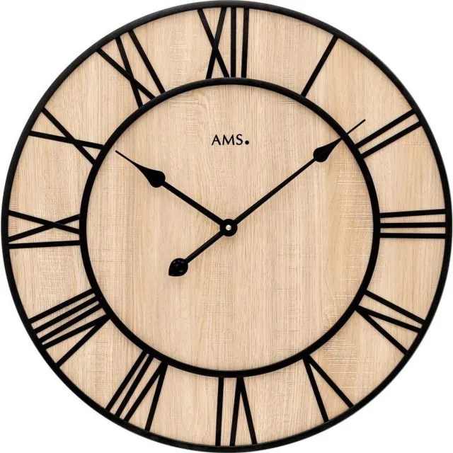 AMS W9649 - Wandklok - Analoog - Rond - Metaal - Hout - Bruin - Zwart - 60 cm ø