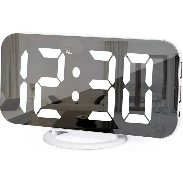 GelldG Digitale wekker - Nachtkastje wekker - Met 2 USB-oplaadpoorten - Snooze-functie - Automatische helderheidsaanpassing - Eenvoudig in te stellen - LED-spiegelwekker - Geschikt voor thuis, kantoor en school - Wit