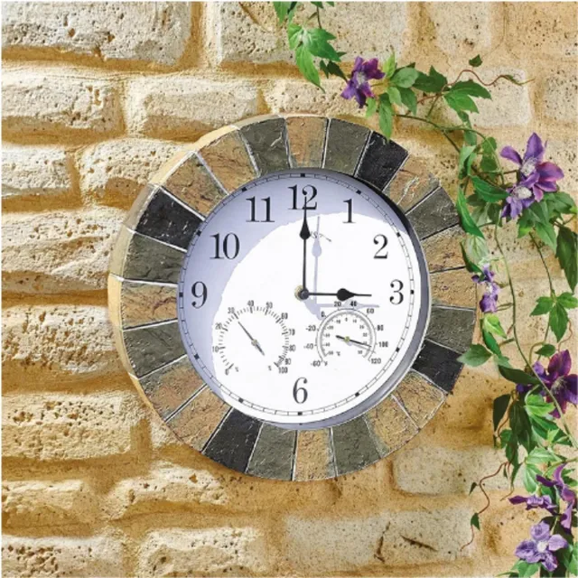 BOG Garden Mile Westminster 10 Inch Tuinklok En Thermometer - Waterdichte Buitenklok - Duurzaam Tuindecor - Klok Voor Patio Keuken Woonkamer - Steen Leisteen Design WIT