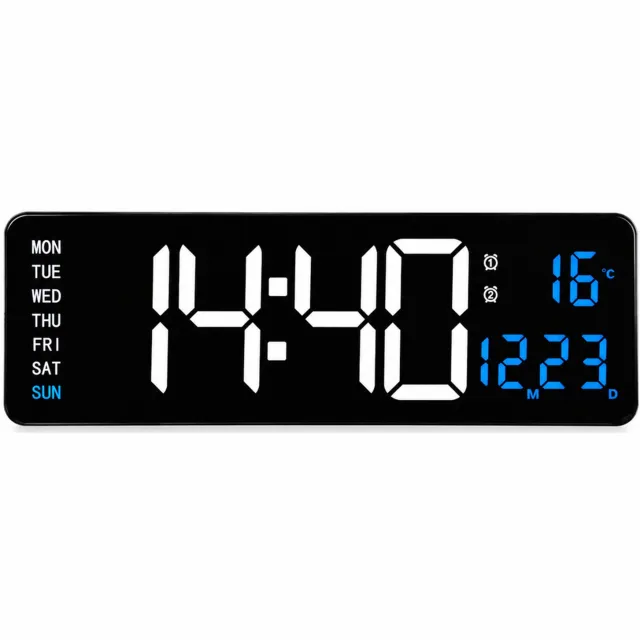 SWGOTA Digitale wekker en LED-wandklok met witte en blauwe cijfers - Kalender, weekdag en temperatuur - Externe voeding Zwart