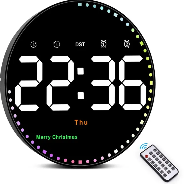QTTVBTNA 25,4CM Digitale LED-Wandklok met Groot Display – Tijd, Datum, Temperatuur, Dubbel Alarm & Automatisch Dimmen Zwart