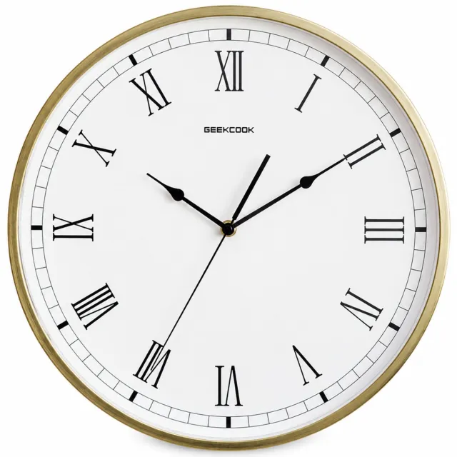 SWGOTA Ronde wandklok 14 inch (35 cm) met mat koperkleurig metalen frame, witte wijzerplaat en Romeinse cijfers