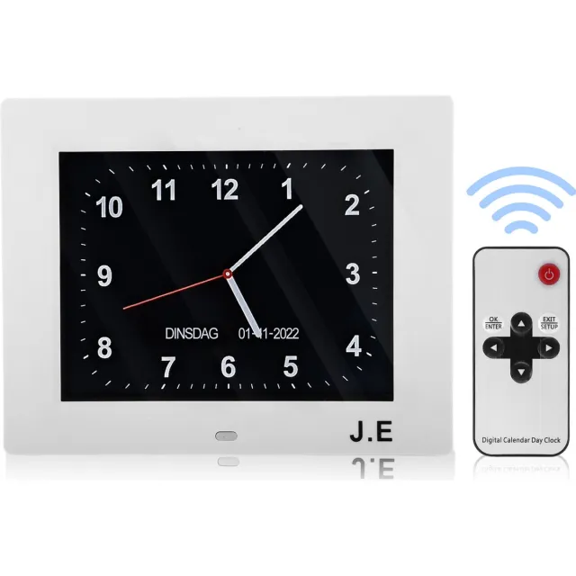 J.E Dementieklok – Digitale Kalenderklok met Dag, Datum & Tijd – Seniorenklok met Alarmfunctie – Groot Display – Voor Ouderen, Alzheimer en Slechtzienden – Wit