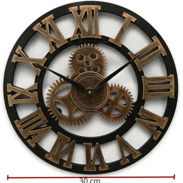 DailyDamaar klok - Horloge - Wandklok - Industriële klok - Wanddecoratie - Romeinse cijfers - 30 cm - Hout - Zwart - Goud