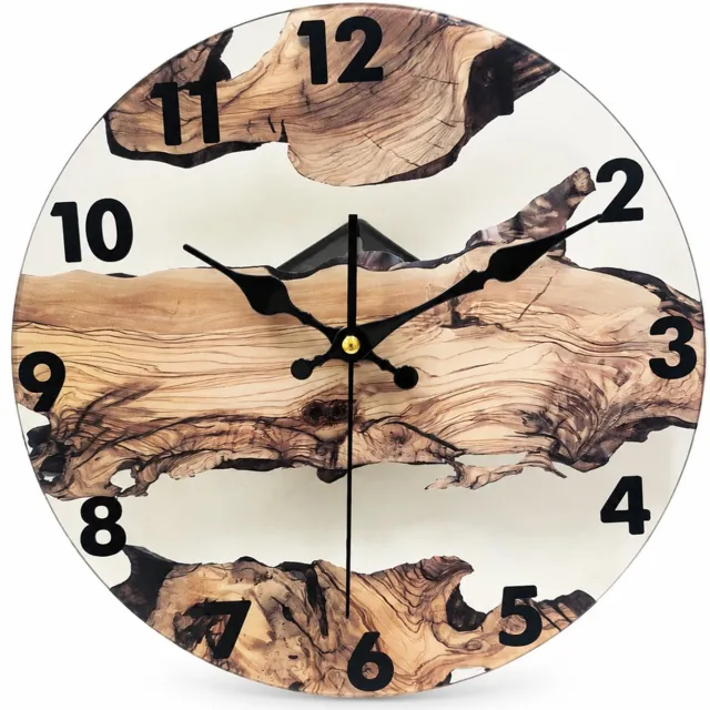 SWGOTA Ronde wandklok 30 cm met houtnerfpatroon, zwarte cijfers en sierlijke wijzers voor woonkamer, slaapkamer en kantoor Bruin