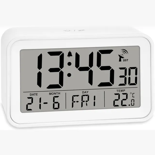 Famanu Digitale radiogestuurde wekker met temperatuur, kalender en lichtsensor, compacte reiswekker, matwit design
