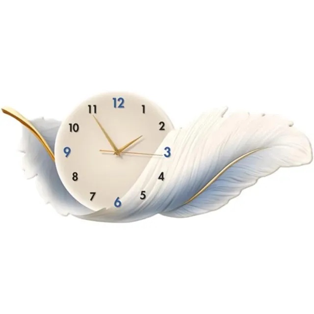 SNQ Wandklok - Luxe verenklok - Wandklok met verendecoratie - 50 x 21 cm - Decoratieve wandklok voor de eetkamer - Stille decoratieve wandklok - Grote wandklok - Metalen wandklok voor huisdecoratie - Blauw en wit