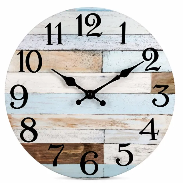 SWGOTA Stille ronde MDF-wandklok van 12 inch met retro plankmotief, zwarte cijfers en wijzers voor woonkamer en slaapkamer Bruin