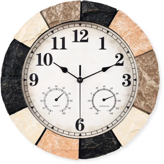 SensaHome Wandklok YS1001 – Waterdichte Steenlook Resin Buitenklok – Ronde Outdoor Klok – Ø33cm – Oranje