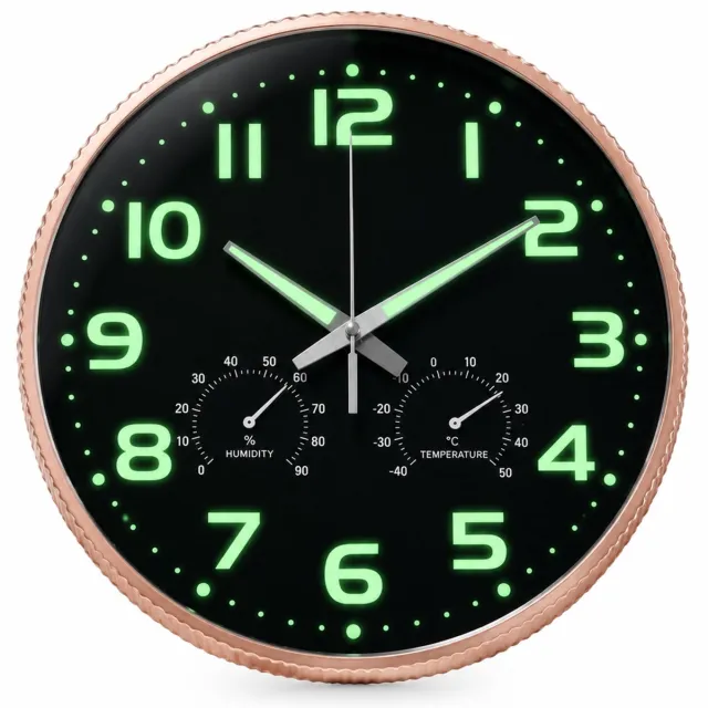 SWGOTA Goudkleurige kwartswandklok 12 inch/30 cm met lichtgevende cijfers en wijzers, thermometer en hygrometer