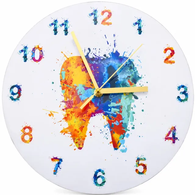 SWGOTA Stille ronde wandklok met kleurrijk tandmotief, goudkleurige wijzers en Arabische cijfers, enkelzijdig voor woonkamer en slaapkamer Meerkleurig