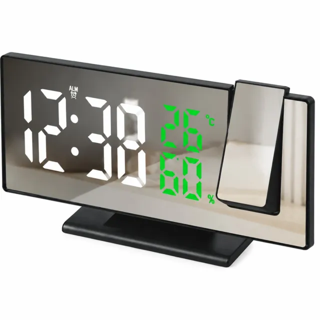 SWGOTA Digitale LED-projectiewekker met witte tijdweergave, groene temperatuur- en luchtvochtigheidsweergave en tafelvoet Zwart