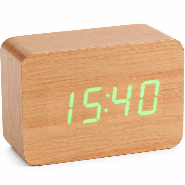 SWGOTA wekker - Groene LED-cijfers en temperatuurweergave - Houten behuizing met afgeronde hoeken - Batterijvoeding Bruin